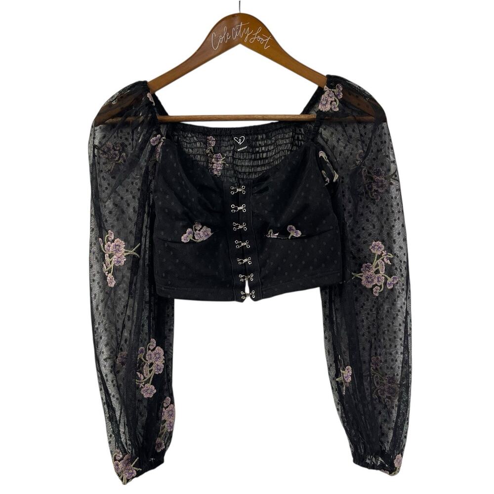 Puff Sleeve Corset Crop Top Blouse Windsor Black Hook & Eye Sewn Floral S